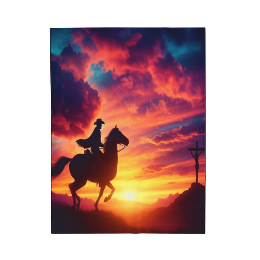 Cowboy Twilght the Journey Home Velveteen Plush Blanket